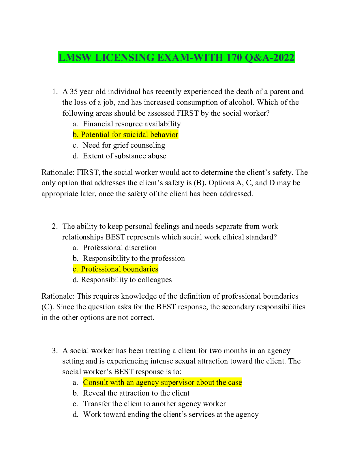 Preview image of LMSW LICENSING EXAM-WITH 170 Q&A-2022 document